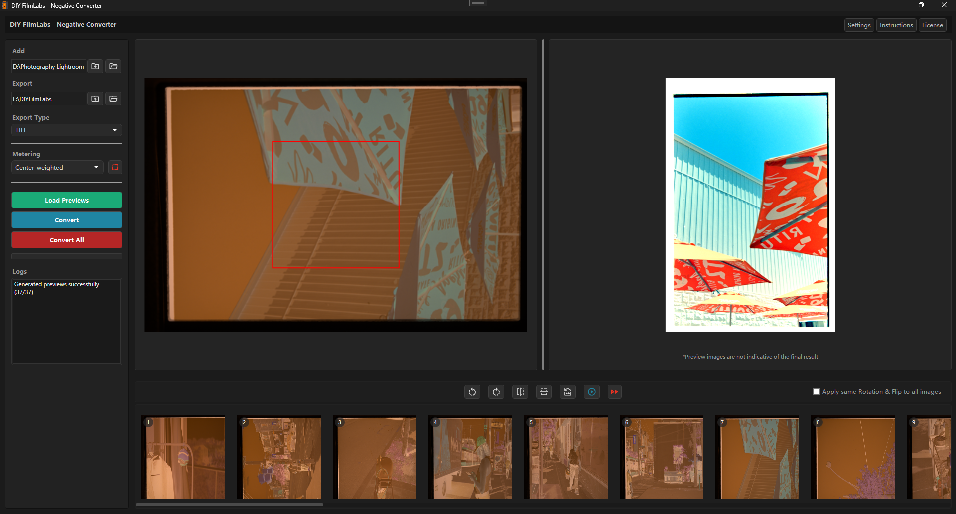 DIY FilmLabs Negative Converter user interface showing film negative and positive preview with conversion tools.